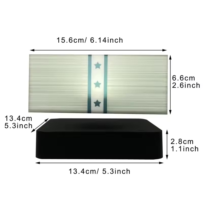 Floating Money Lamp dimensions — 15.6 × 6.6 cm lamp, 13.4 cm square base