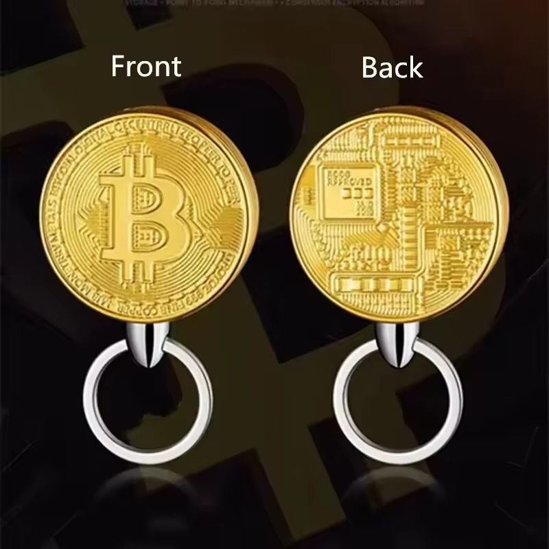 Gold coin-shaped lighter keychain shown from the front and back