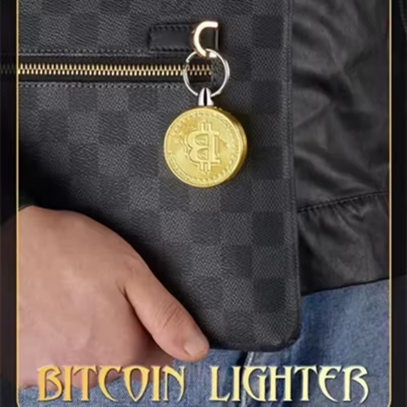 Coin-shaped lighter keychain attached to a bag