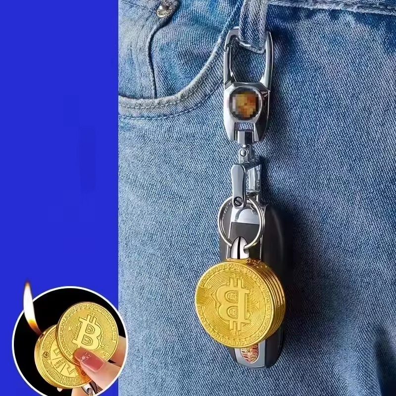 Coin-shaped lighter keychain product lifestyle image