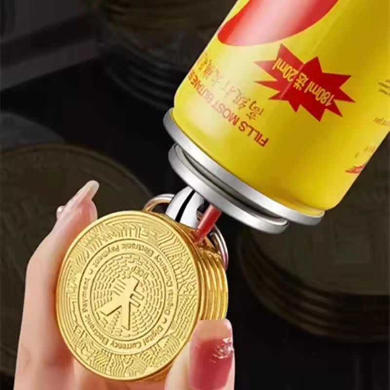 Coin-shaped lighter keychain being refilled or serviced