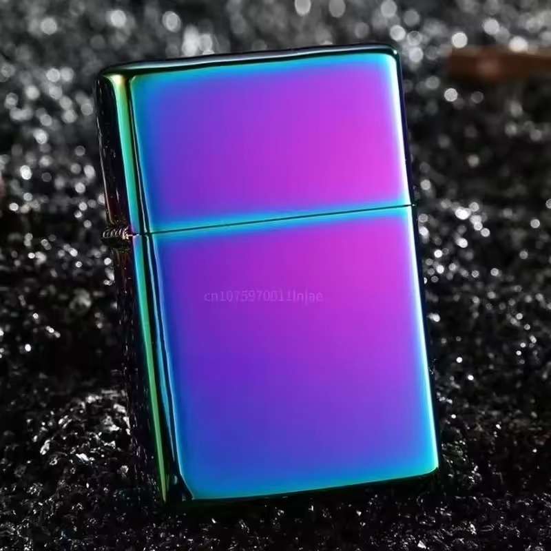 Iridescent metal flip lighter shown from the back
