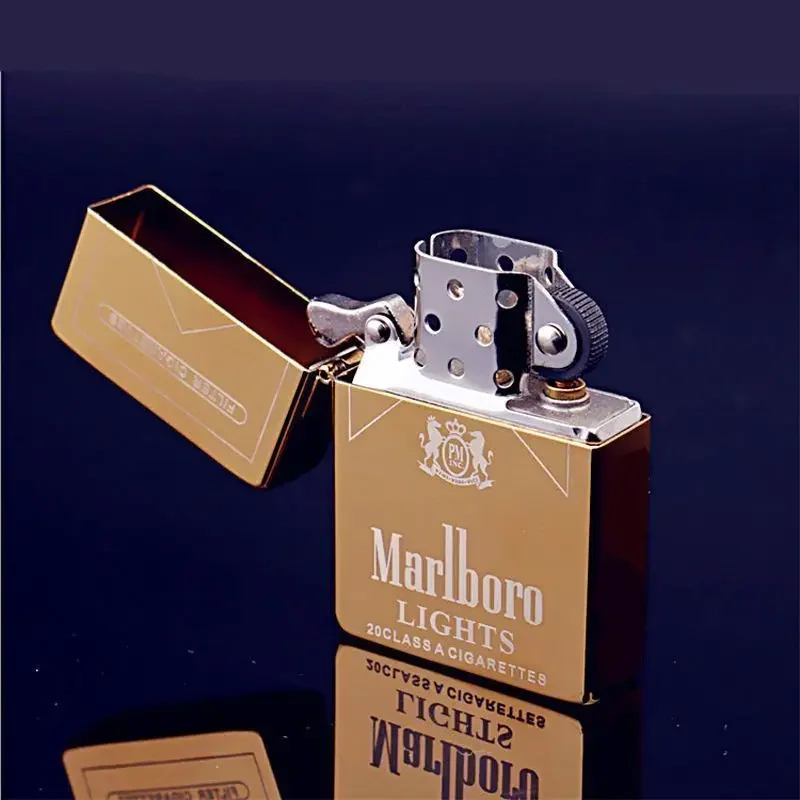 Gold metal flip lighter shown open with its ignition mechanism