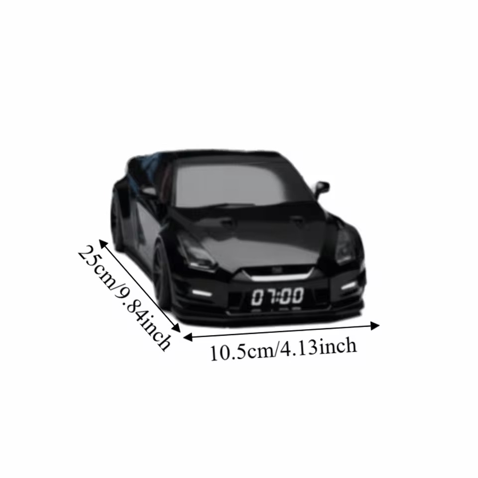 Black sports car alarm clock with 25 cm by 10.5 cm dimensions