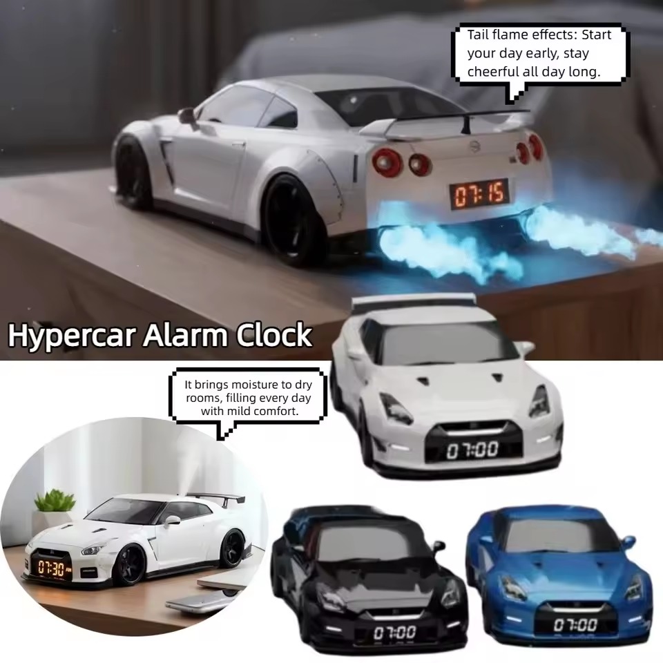 Sports car alarm clock collage showing tail flame effect and color options