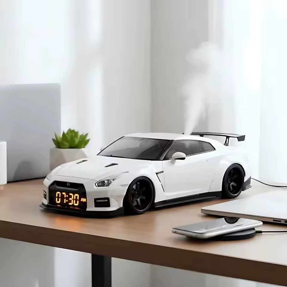 White sports car alarm clock displayed on a desk with steam effect