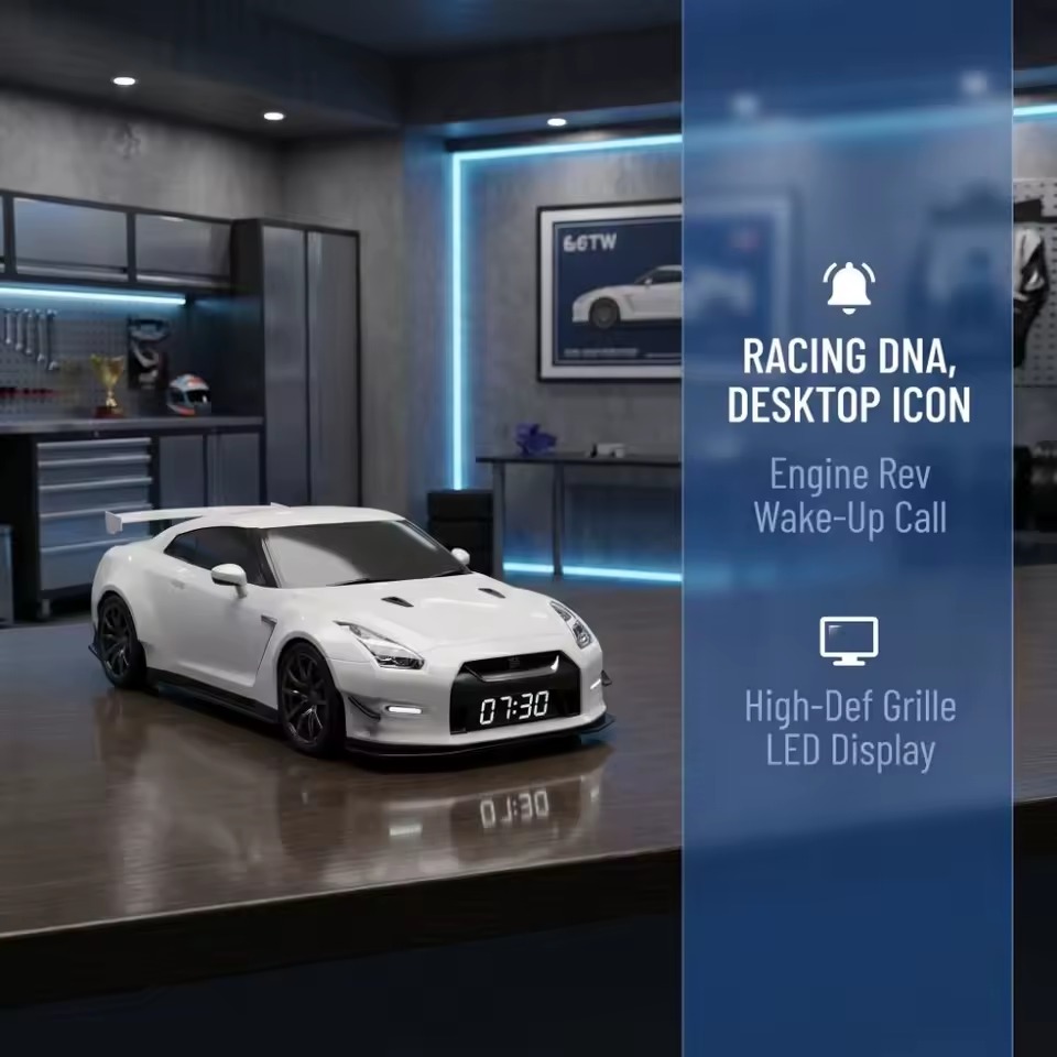 Sports car alarm clock with LED display and racing-inspired features